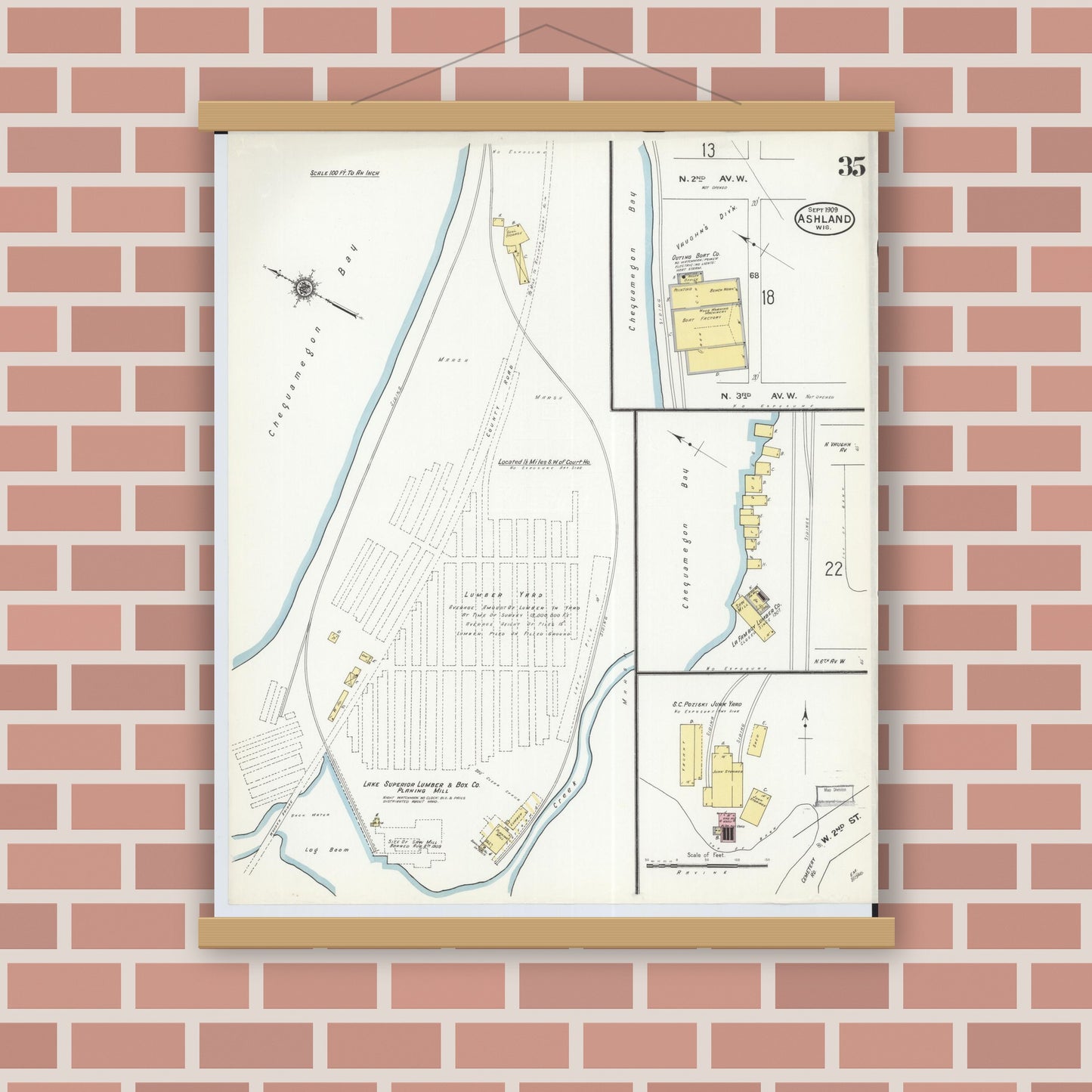 Old map wall art mockup — magnetic wood frame on brick wall — Sanborn Fire Insurance Map from Ashland, Ashland County, Wisconsin (1909), Sheet #0035