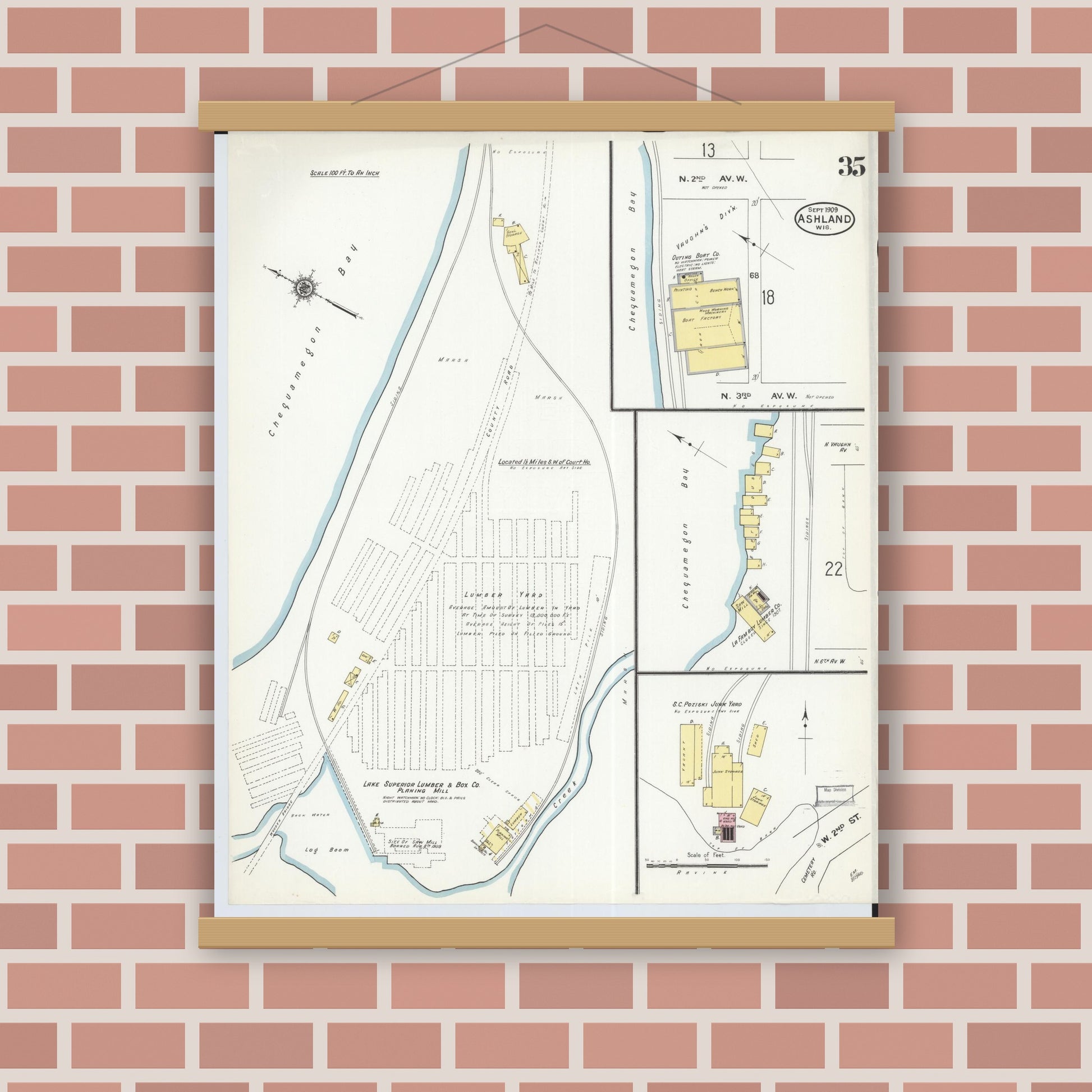 Old map wall art mockup — magnetic wood frame on brick wall — Sanborn Fire Insurance Map from Ashland, Ashland County, Wisconsin (1909), Sheet #0035