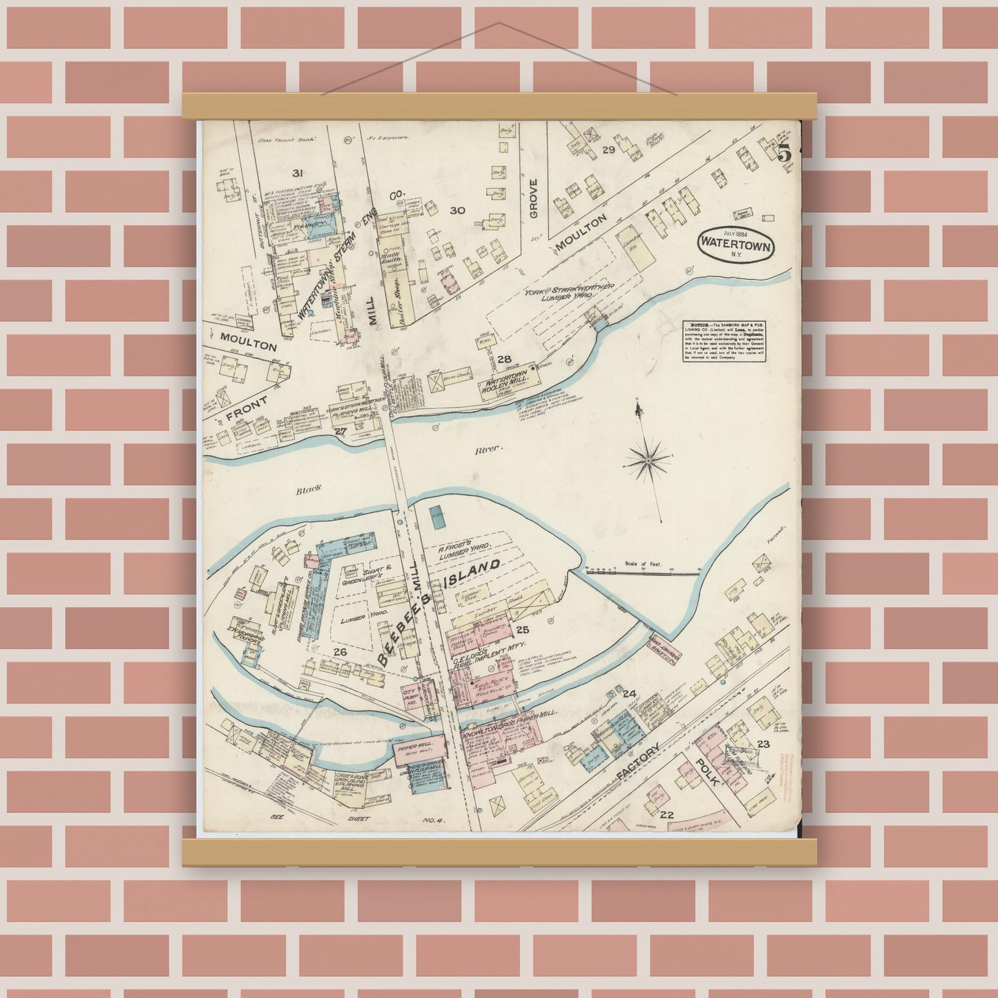 Old map wall art mockup — magnetic wood frame on brick wall — Sanborn Fire Insurance Map from Watertown, Jefferson County, New York (1884), Sheet #0005