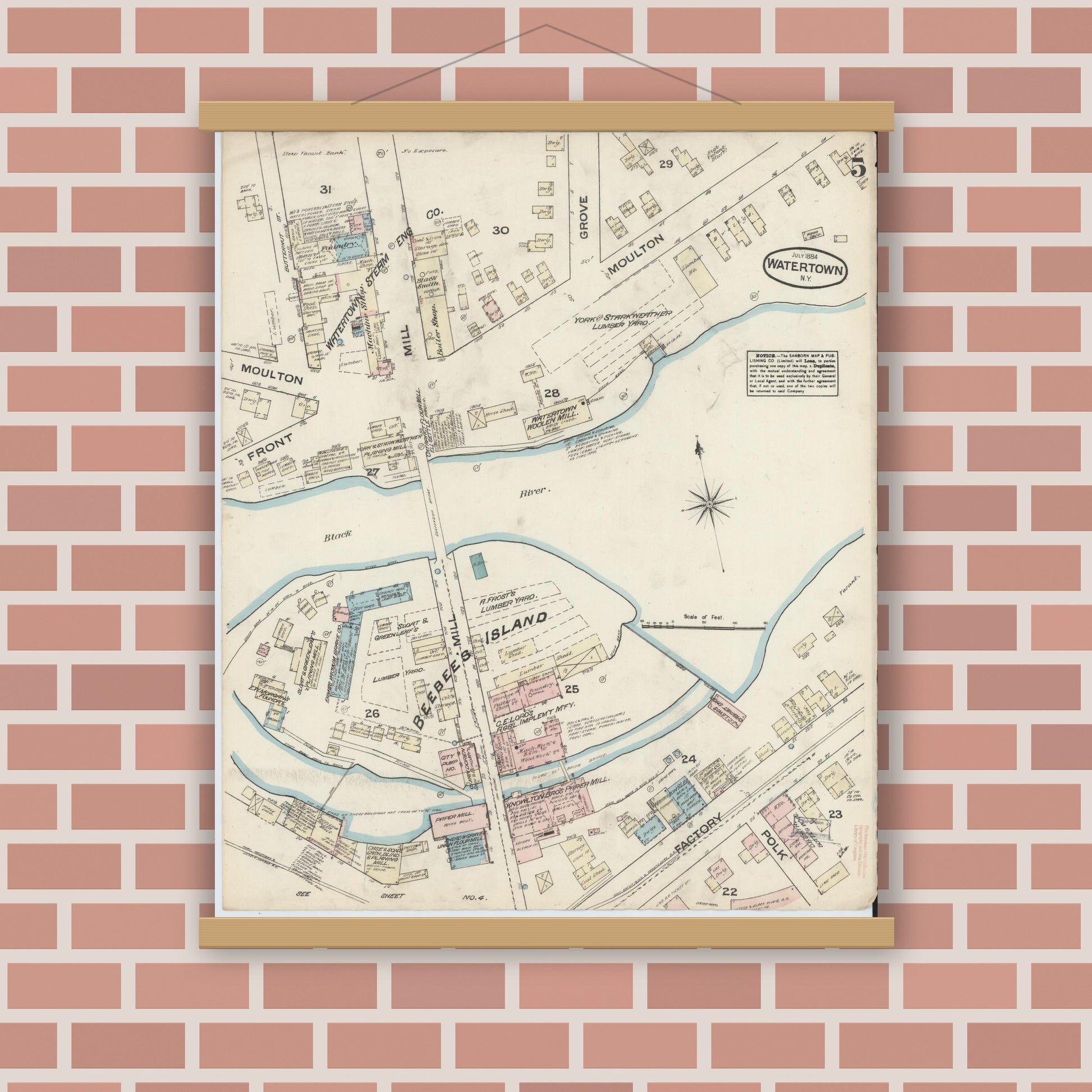 Old map wall art mockup — magnetic wood frame on brick wall — Sanborn Fire Insurance Map from Watertown, Jefferson County, New York (1884), Sheet #0005