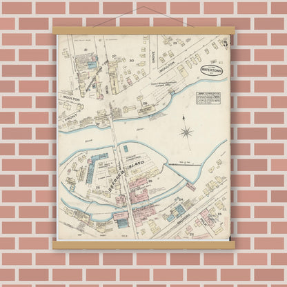 Old map wall art mockup — magnetic wood frame on brick wall — Sanborn Fire Insurance Map from Watertown, Jefferson County, New York (1884), Sheet #0005