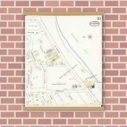 Old map wall art mockup — magnetic wood frame on brick wall — Sanborn Fire Insurance Map from Davenport, Scott County, Iowa (1886), Sheet #0021