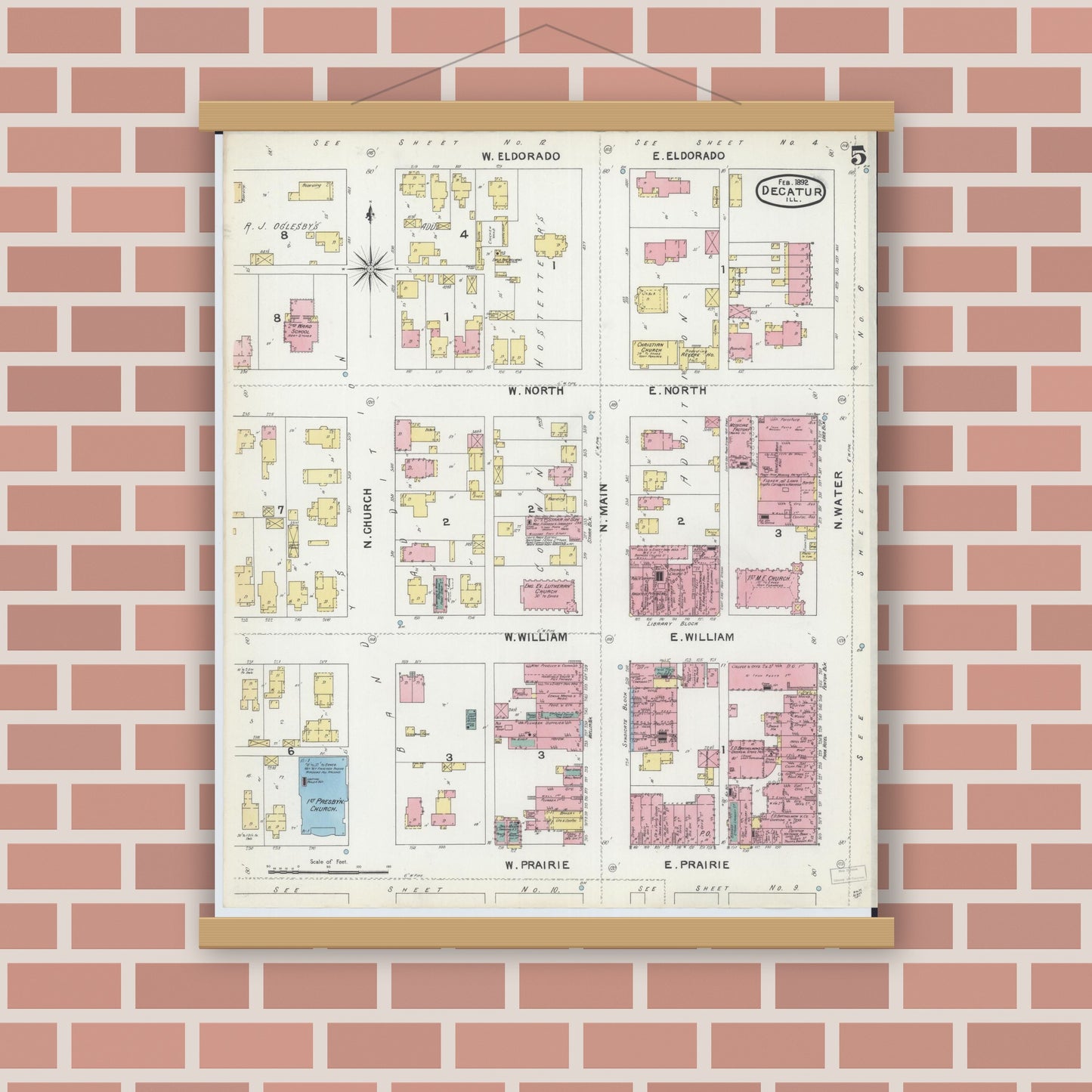 Old map wall art mockup — magnetic wood frame on brick wall — Sanborn Fire Insurance Map from Decatur, Macon County, Illinois (1892), Sheet #0005