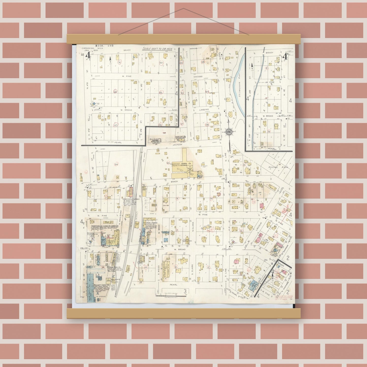 Old map wall art mockup — magnetic wood frame on brick wall — Sanborn Fire Insurance Map from Chesaning, Saginaw County, Michigan (1944), Sheet #0004