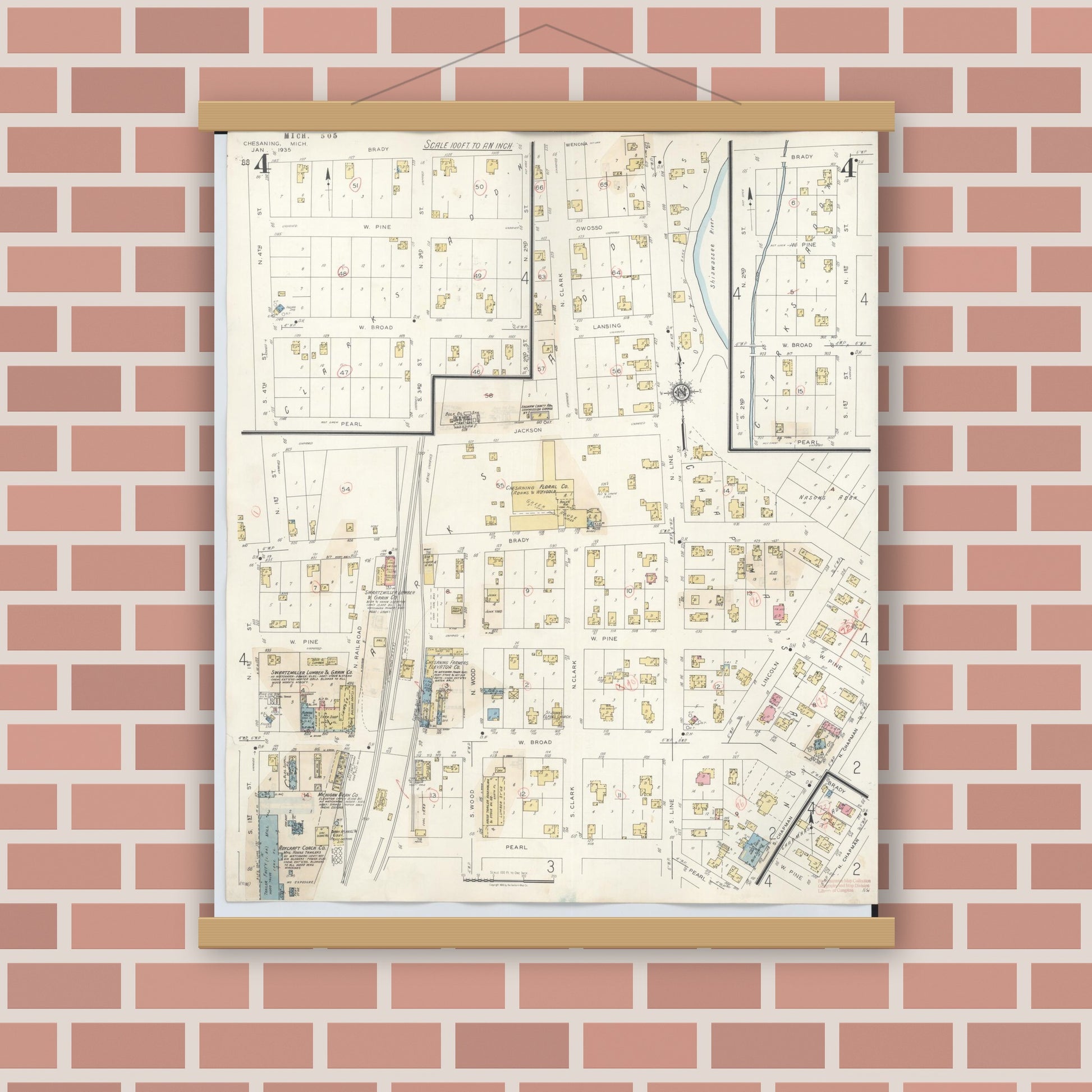Old map wall art mockup — magnetic wood frame on brick wall — Sanborn Fire Insurance Map from Chesaning, Saginaw County, Michigan (1944), Sheet #0004