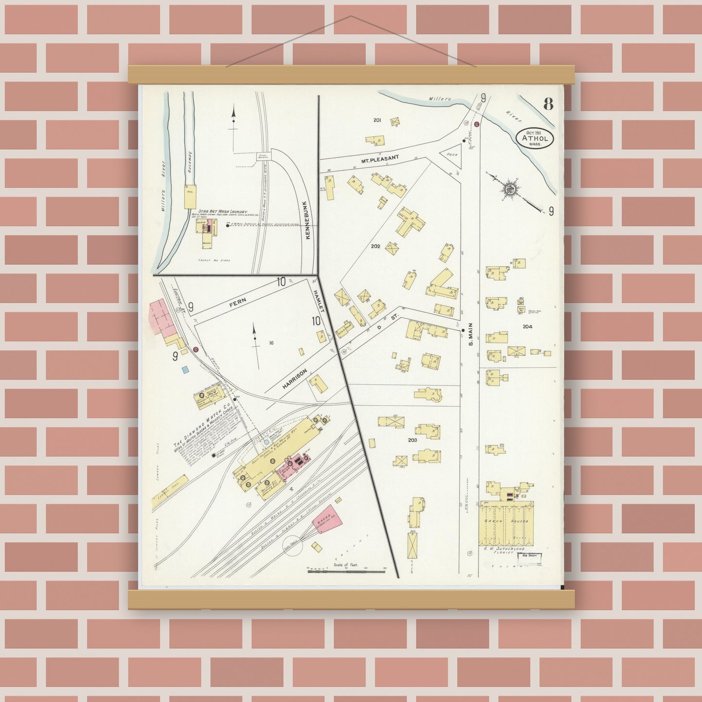Old map wall art mockup — magnetic wood frame on brick wall — Sanborn Fire Insurance Map from Athol, Worcester County, Massachusetts (1911), Sheet #0008