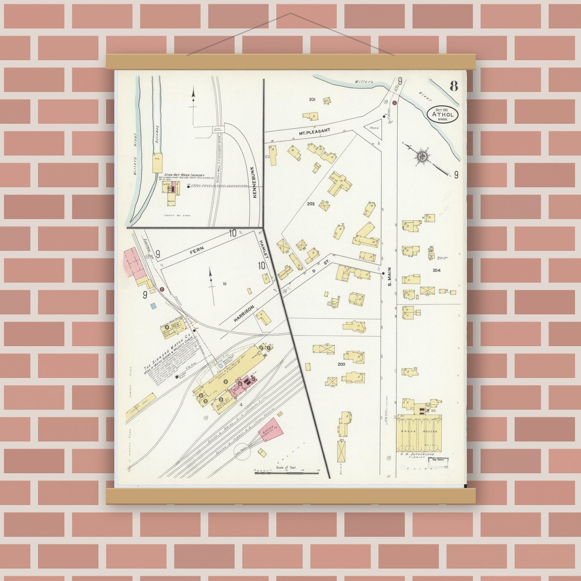 Old map wall art mockup — magnetic wood frame on brick wall — Sanborn Fire Insurance Map from Athol, Worcester County, Massachusetts (1911), Sheet #0008
