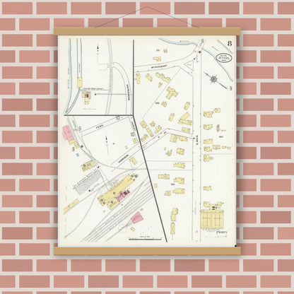 Old map wall art mockup — magnetic wood frame on brick wall — Sanborn Fire Insurance Map from Athol, Worcester County, Massachusetts (1911), Sheet #0008