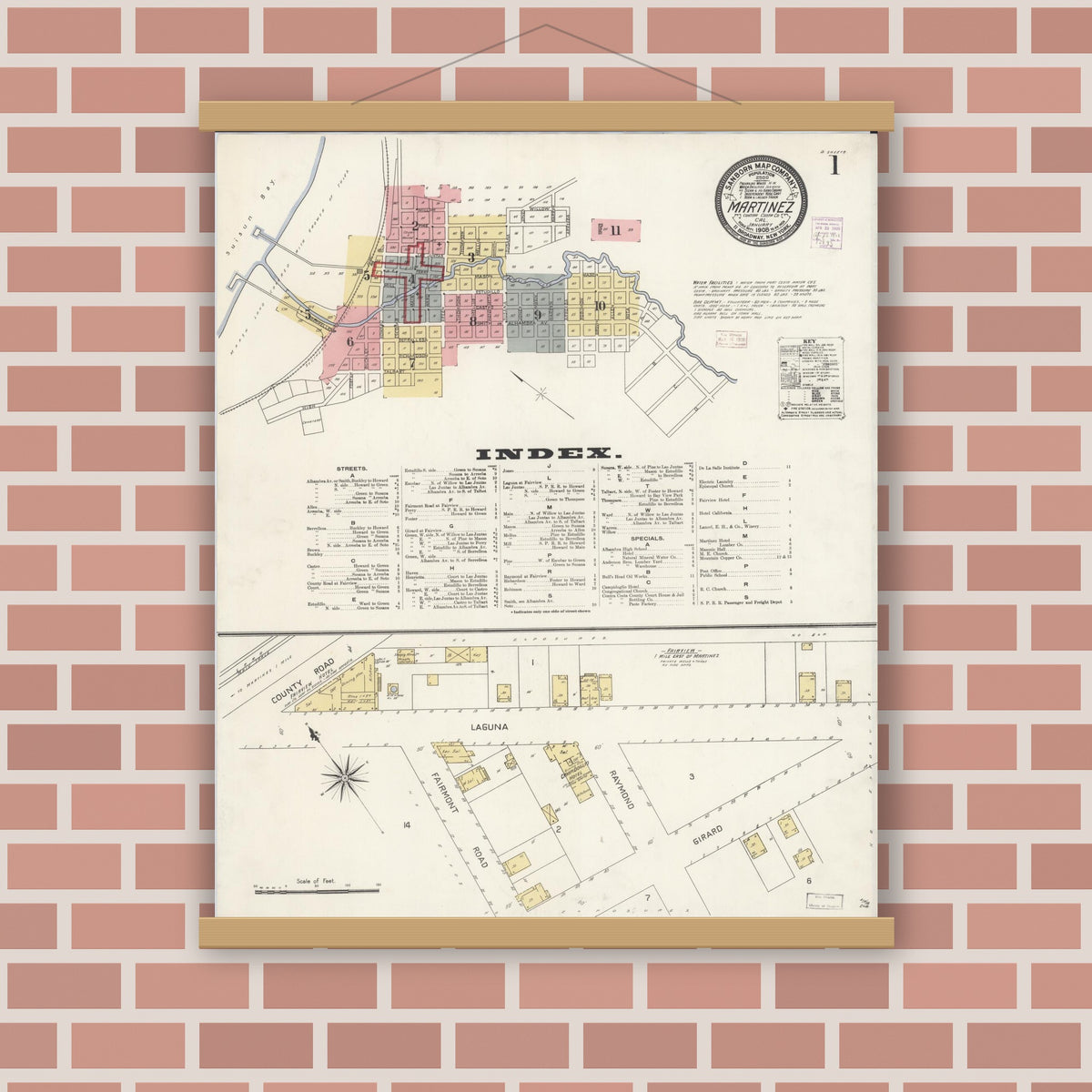Old map wall art mockup — magnetic wood frame on brick wall — Sanborn Fire Insurance Map from Martinez, Contra Costa County, California (1908), Sheet #0001