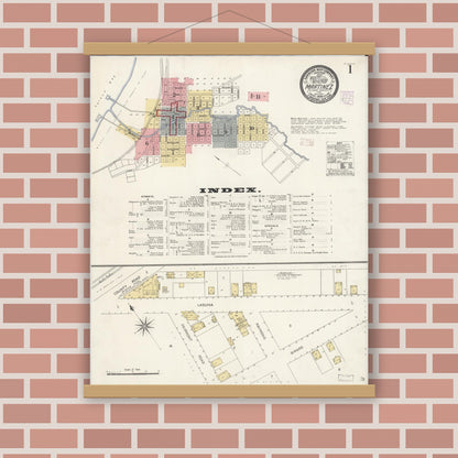 Old map wall art mockup — magnetic wood frame on brick wall — Sanborn Fire Insurance Map from Martinez, Contra Costa County, California (1908), Sheet #0001