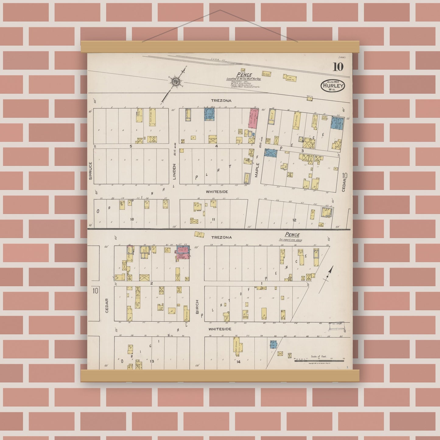 Old map wall art mockup — magnetic wood frame on brick wall — Sanborn Fire Insurance Map from Hurley, Iron County, Wisconsin (1922), Sheet #0010