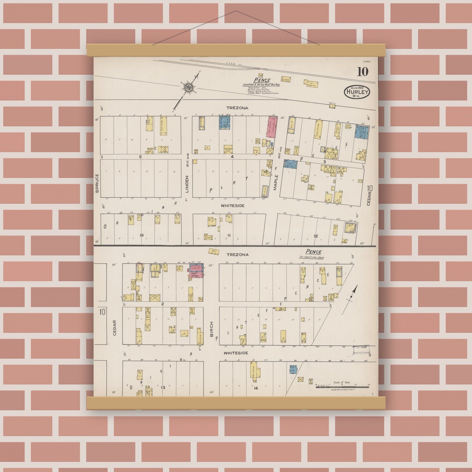 Old map wall art mockup — magnetic wood frame on brick wall — Sanborn Fire Insurance Map from Hurley, Iron County, Wisconsin (1922), Sheet #0010