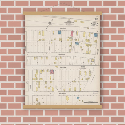 Old map wall art mockup — magnetic wood frame on brick wall — Sanborn Fire Insurance Map from Hurley, Iron County, Wisconsin (1922), Sheet #0010