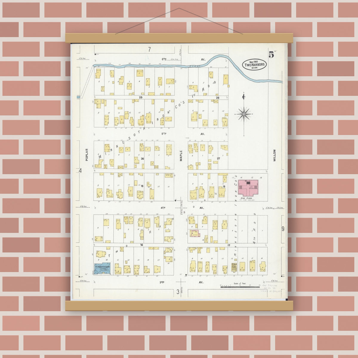 Old map wall art mockup — magnetic wood frame on brick wall — Sanborn Fire Insurance Map from Two Harbors, Lake County, Minnesota (1907), Sheet #0005