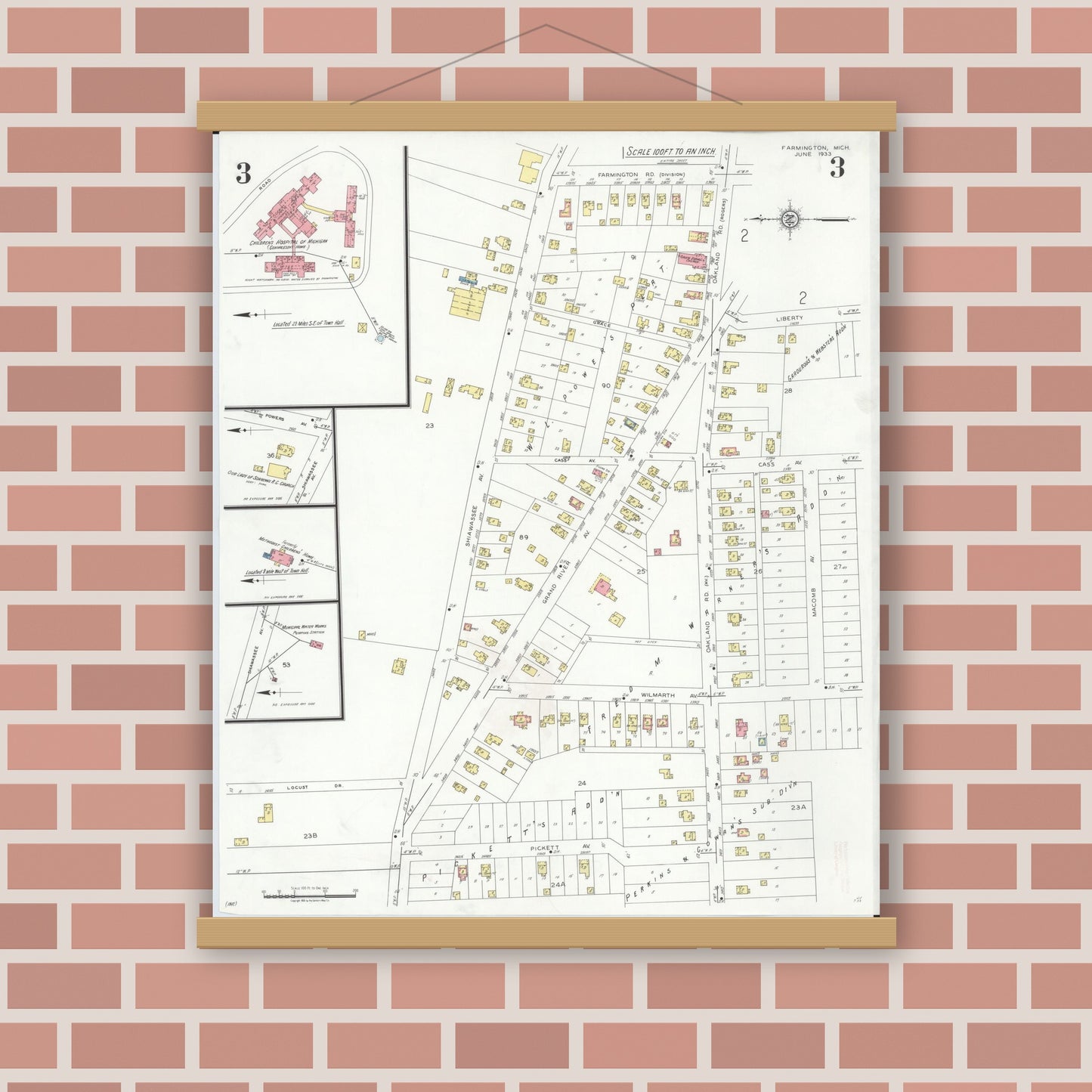 Old map wall art mockup — magnetic wood frame on brick wall — Sanborn Fire Insurance Map from Farmington, Oakland County, Michigan (1933), Sheet #0003