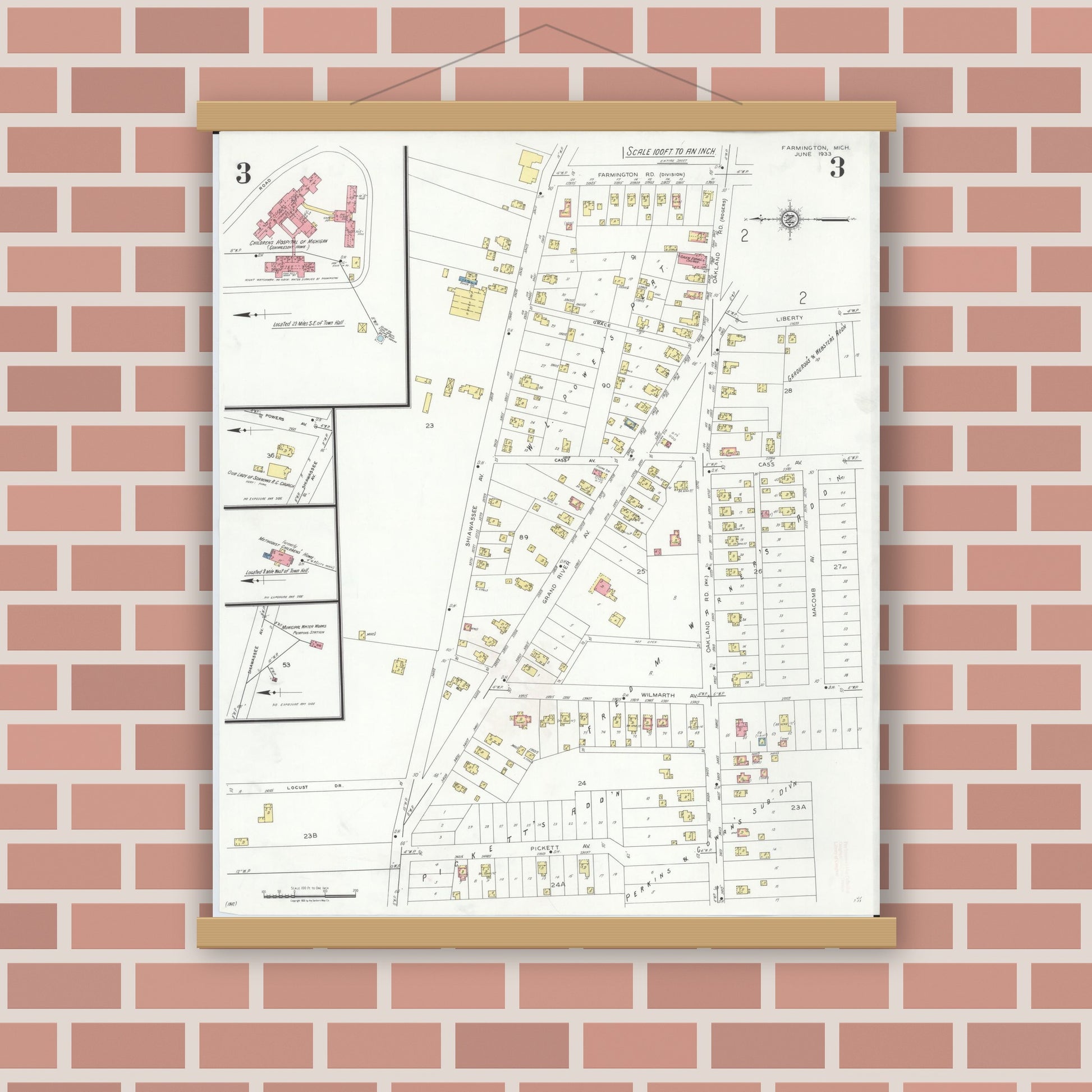 Old map wall art mockup — magnetic wood frame on brick wall — Sanborn Fire Insurance Map from Farmington, Oakland County, Michigan (1933), Sheet #0003