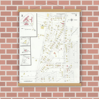 Old map wall art mockup — magnetic wood frame on brick wall — Sanborn Fire Insurance Map from Farmington, Oakland County, Michigan (1933), Sheet #0003