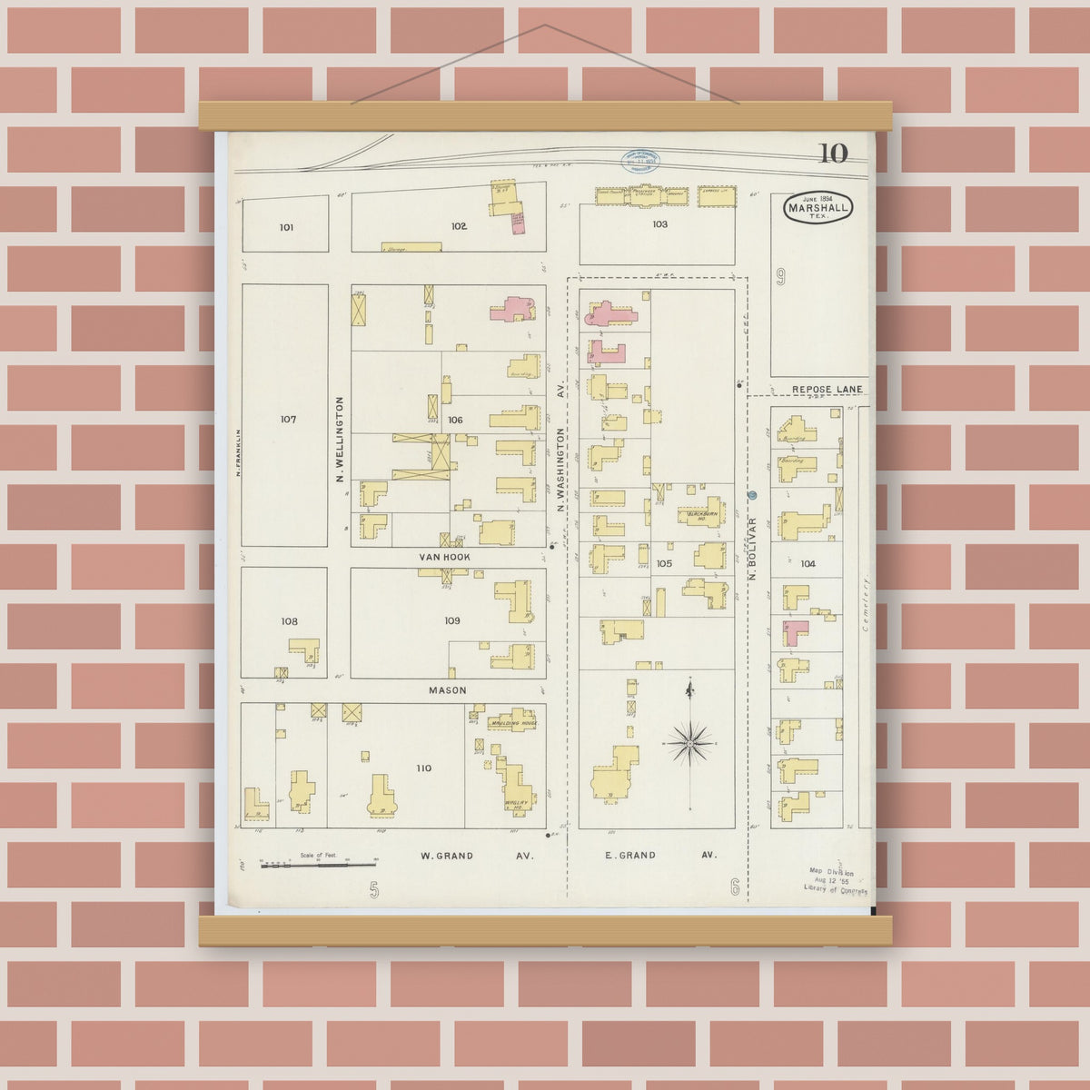 Old map wall art mockup — magnetic wood frame on brick wall — Sanborn Fire Insurance Map from Marshall, Harrison County, Texas (1894), Sheet #0010