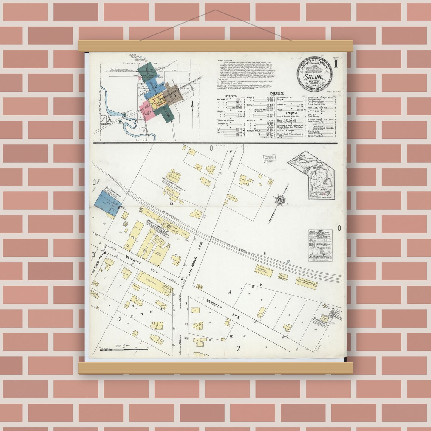 Old map wall art mockup — magnetic wood frame on brick wall — Sanborn Fire Insurance Map from Saline, Washtenaw County, Michigan (1921) - Complete Map Set