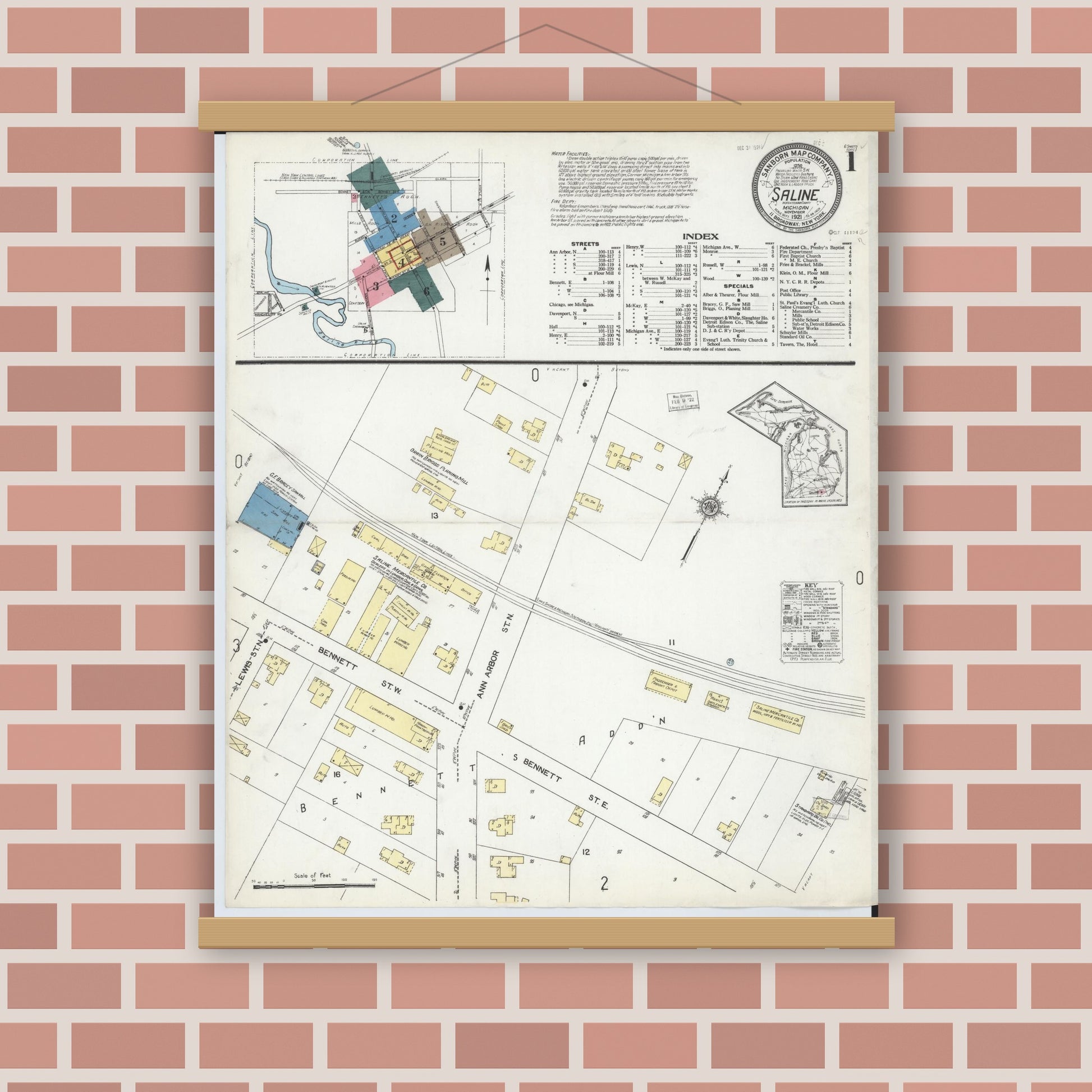 Old map wall art mockup — magnetic wood frame on brick wall — Sanborn Fire Insurance Map from Saline, Washtenaw County, Michigan (1921) - Complete Map Set