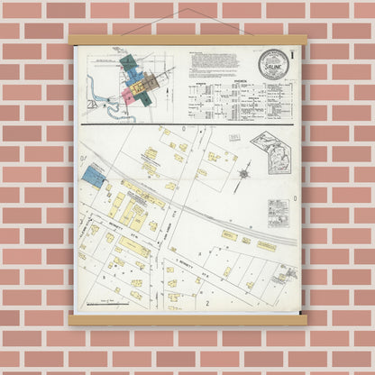 Old map wall art mockup — magnetic wood frame on brick wall — Sanborn Fire Insurance Map from Saline, Washtenaw County, Michigan (1921) - Complete Map Set