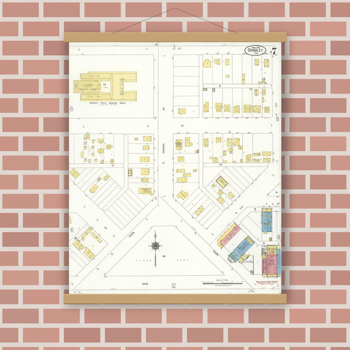 Old map wall art mockup — magnetic wood frame on brick wall — Sanborn Fire Insurance Map from Brawley, Imperial County, California (1922), Sheet #0007