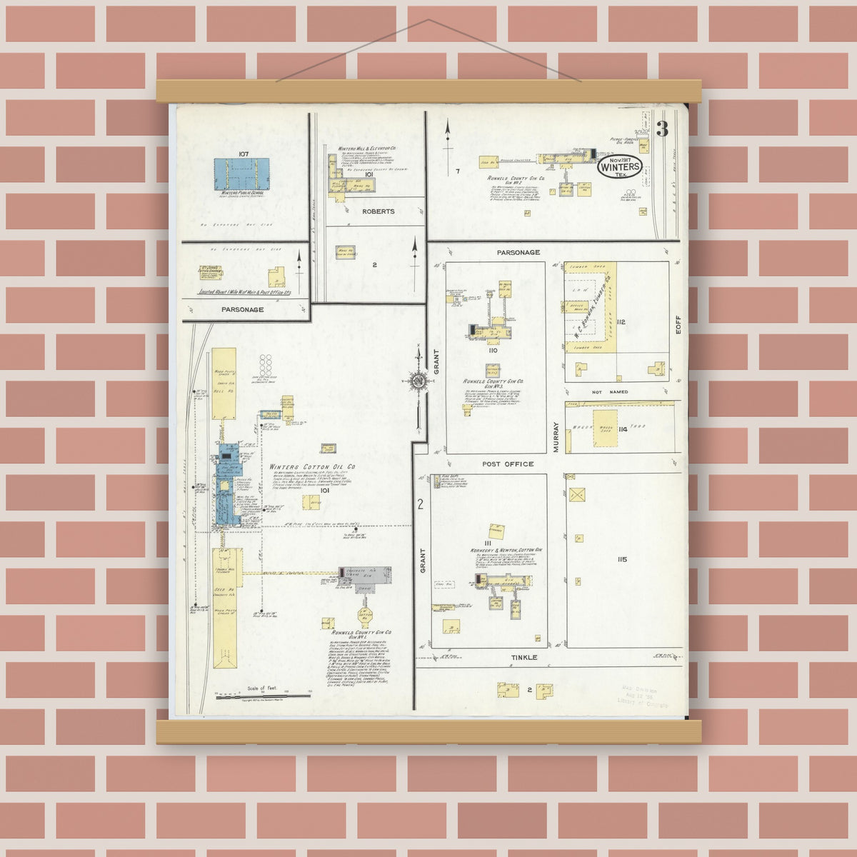 Old map wall art mockup — magnetic wood frame on brick wall — Sanborn Fire Insurance Map from Winters, Runnels County, Texas (1917), Sheet #0003