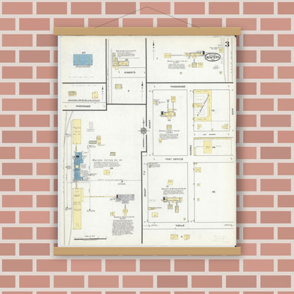Old map wall art mockup — magnetic wood frame on brick wall — Sanborn Fire Insurance Map from Winters, Runnels County, Texas (1917), Sheet #0003