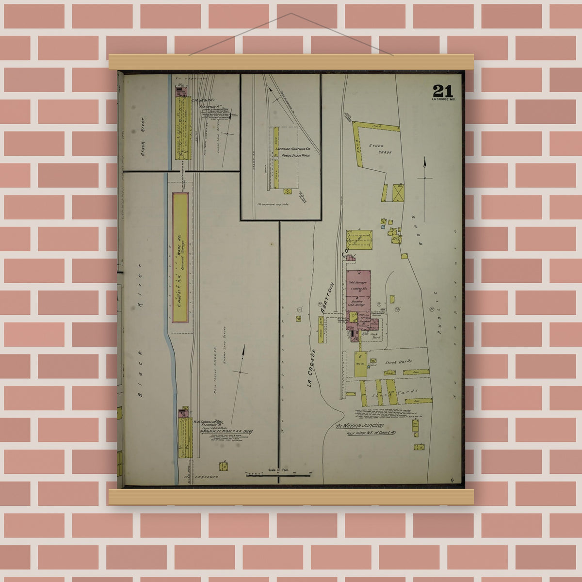 Old map wall art mockup — magnetic wood frame on brick wall — Sanborn Fire Insurance Map from La Crosse, La Crosse County, Wisconsin (1891), Sheet #0021