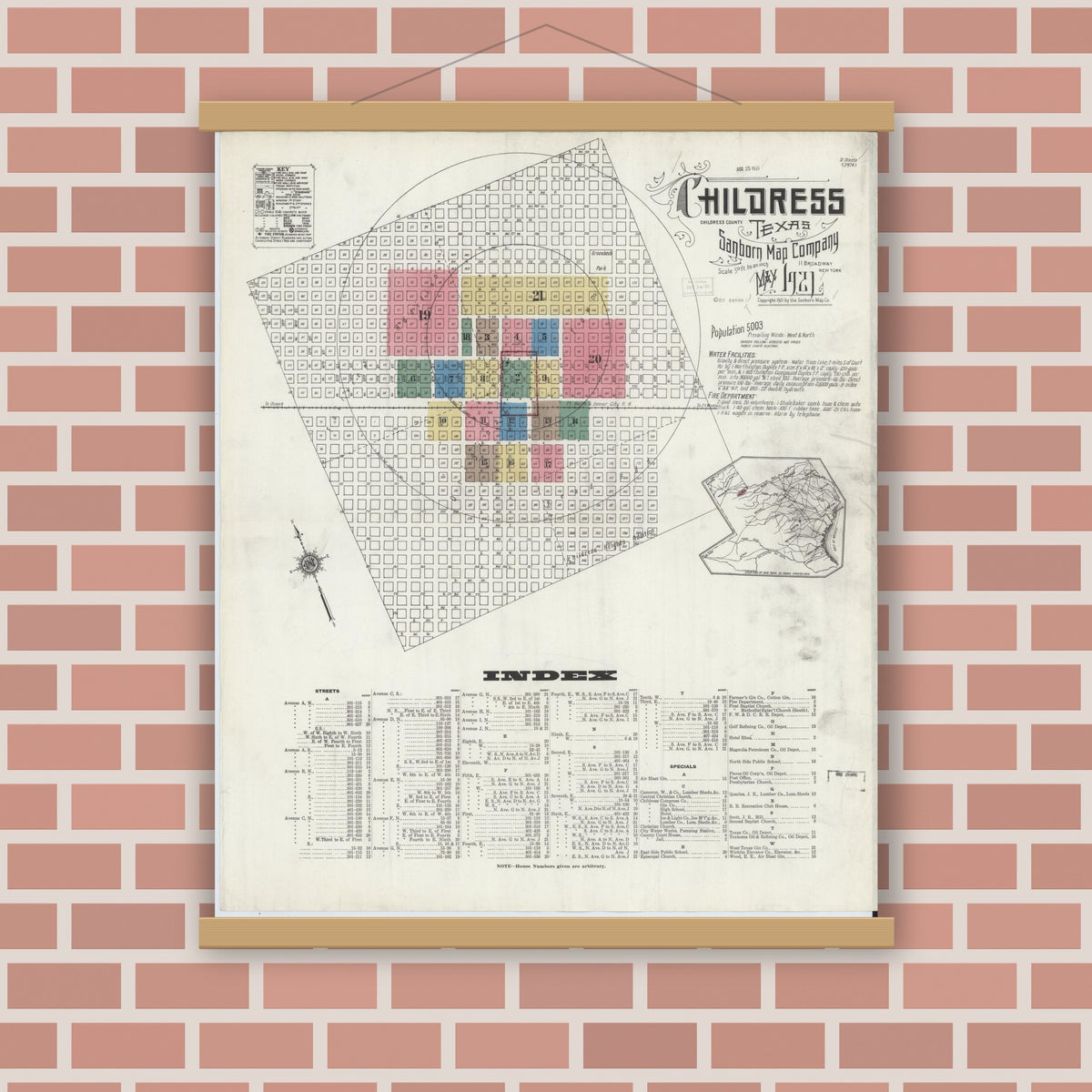 Old map wall art mockup — magnetic wood frame on brick wall — Sanborn Fire Insurance Map from Childress, Childress County, Texas (1921), Sheet #0001
