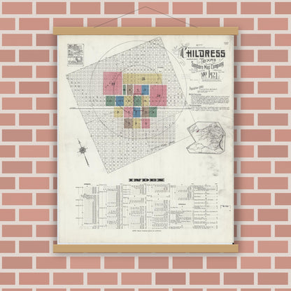 Old map wall art mockup — magnetic wood frame on brick wall — Sanborn Fire Insurance Map from Childress, Childress County, Texas (1921), Sheet #0001