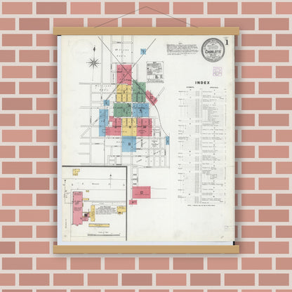 Old map wall art mockup — magnetic wood frame on brick wall — Sanborn Fire Insurance Map from Charlotte, Eaton County, Michigan (1904), Sheet #0001