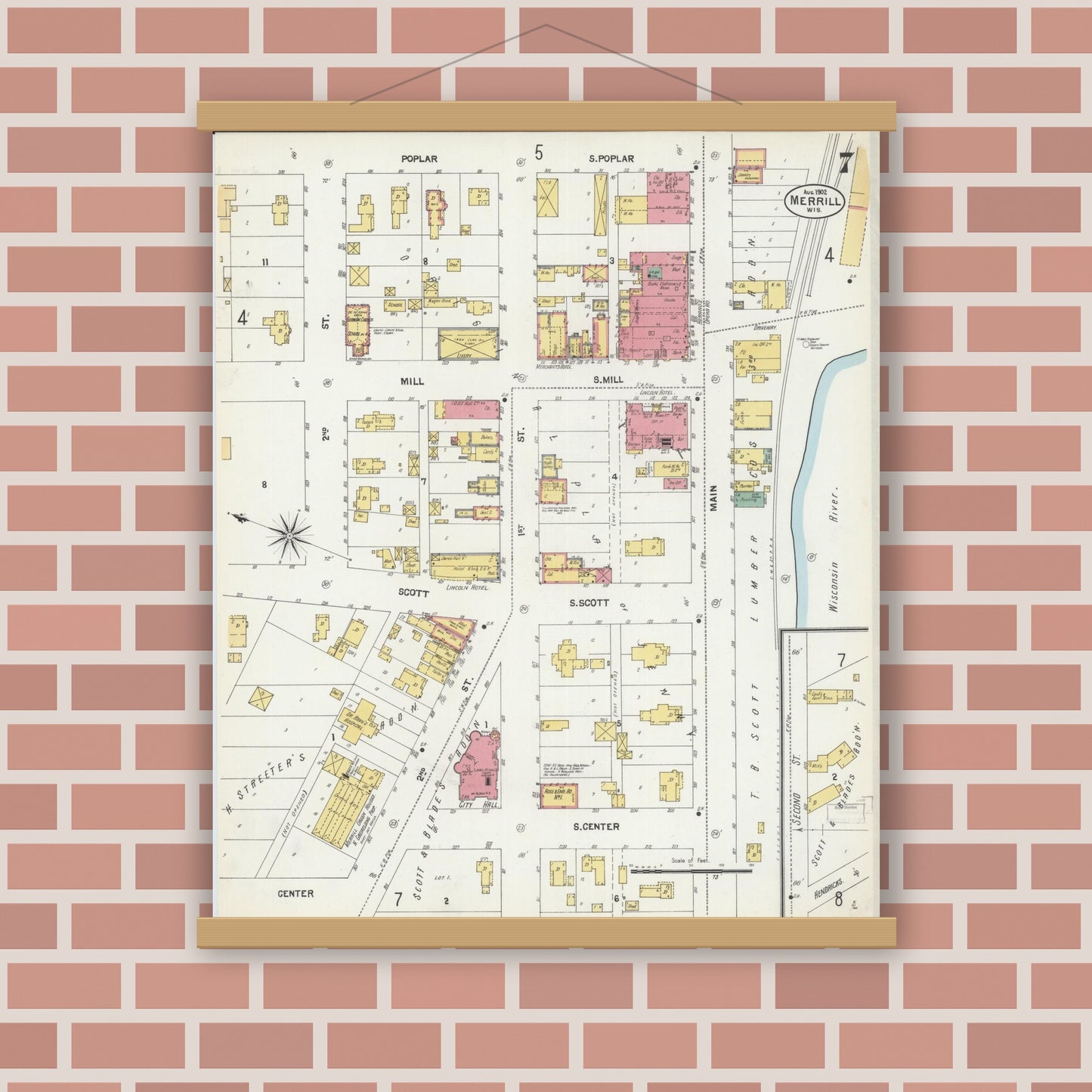Old map wall art mockup — magnetic wood frame on brick wall — Sanborn Fire Insurance Map from Merrill, Lincoln County, Wisconsin (1902), Sheet #0007