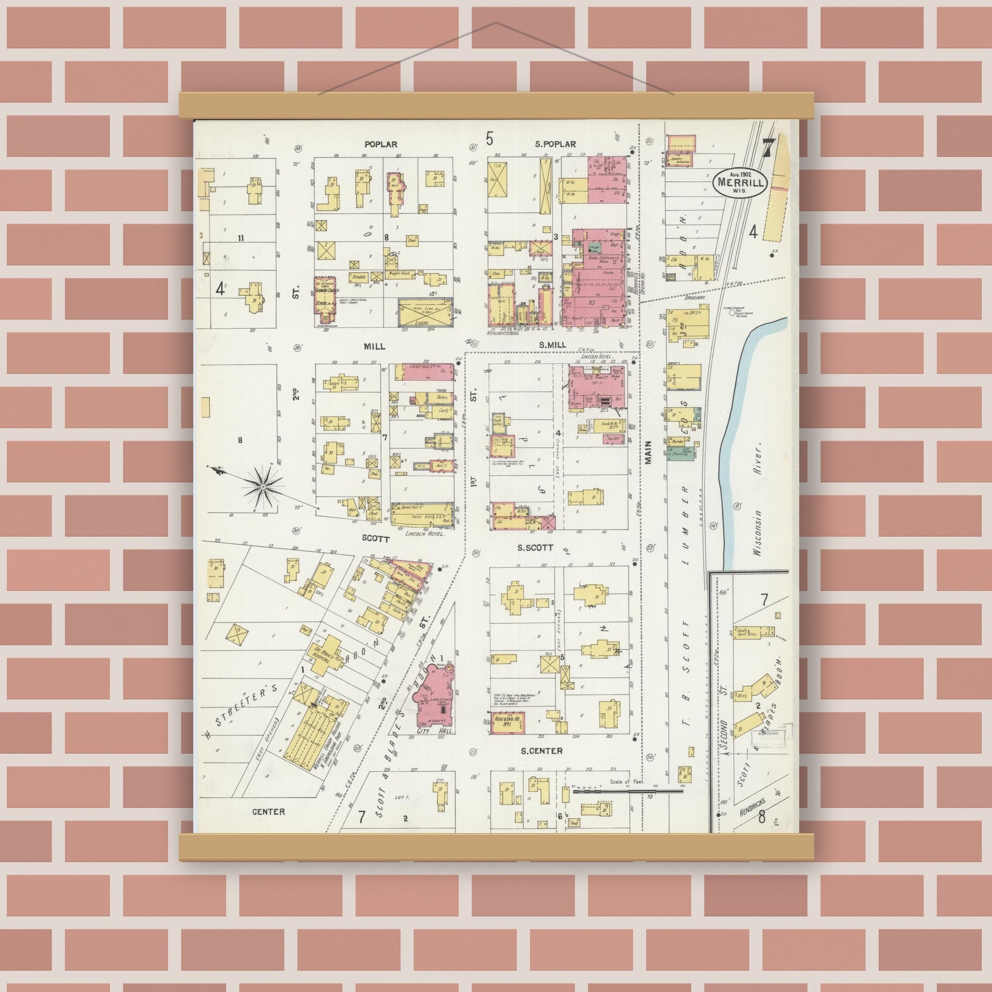 Old map wall art mockup — magnetic wood frame on brick wall — Sanborn Fire Insurance Map from Merrill, Lincoln County, Wisconsin (1902), Sheet #0007