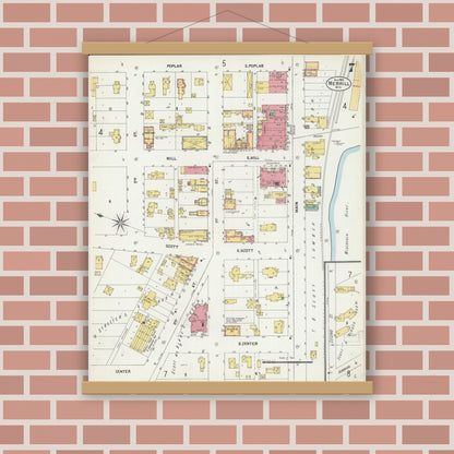 Old map wall art mockup — magnetic wood frame on brick wall — Sanborn Fire Insurance Map from Merrill, Lincoln County, Wisconsin (1902), Sheet #0007