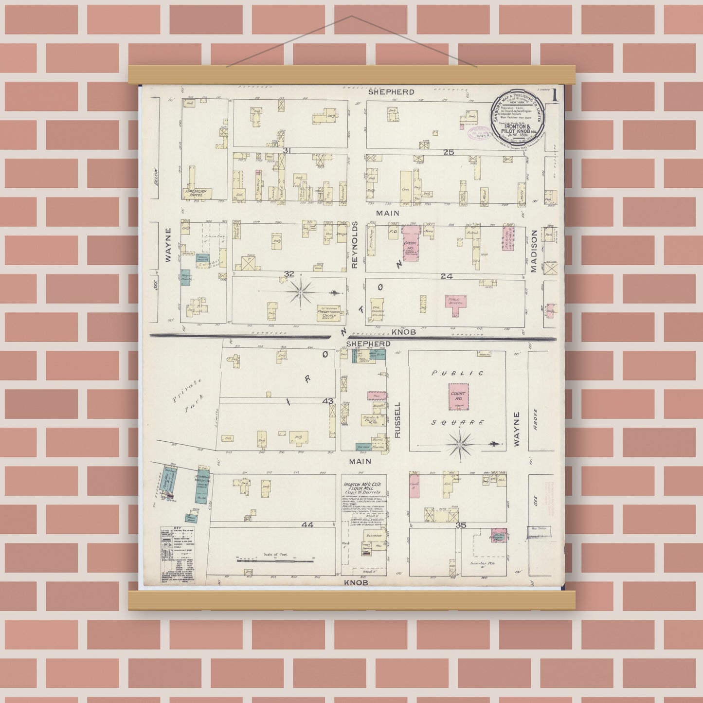 Old map wall art mockup — magnetic wood frame on brick wall — Sanborn Fire Insurance Map from Ironton, Iron County, Missouri (1886), Sheet #0001