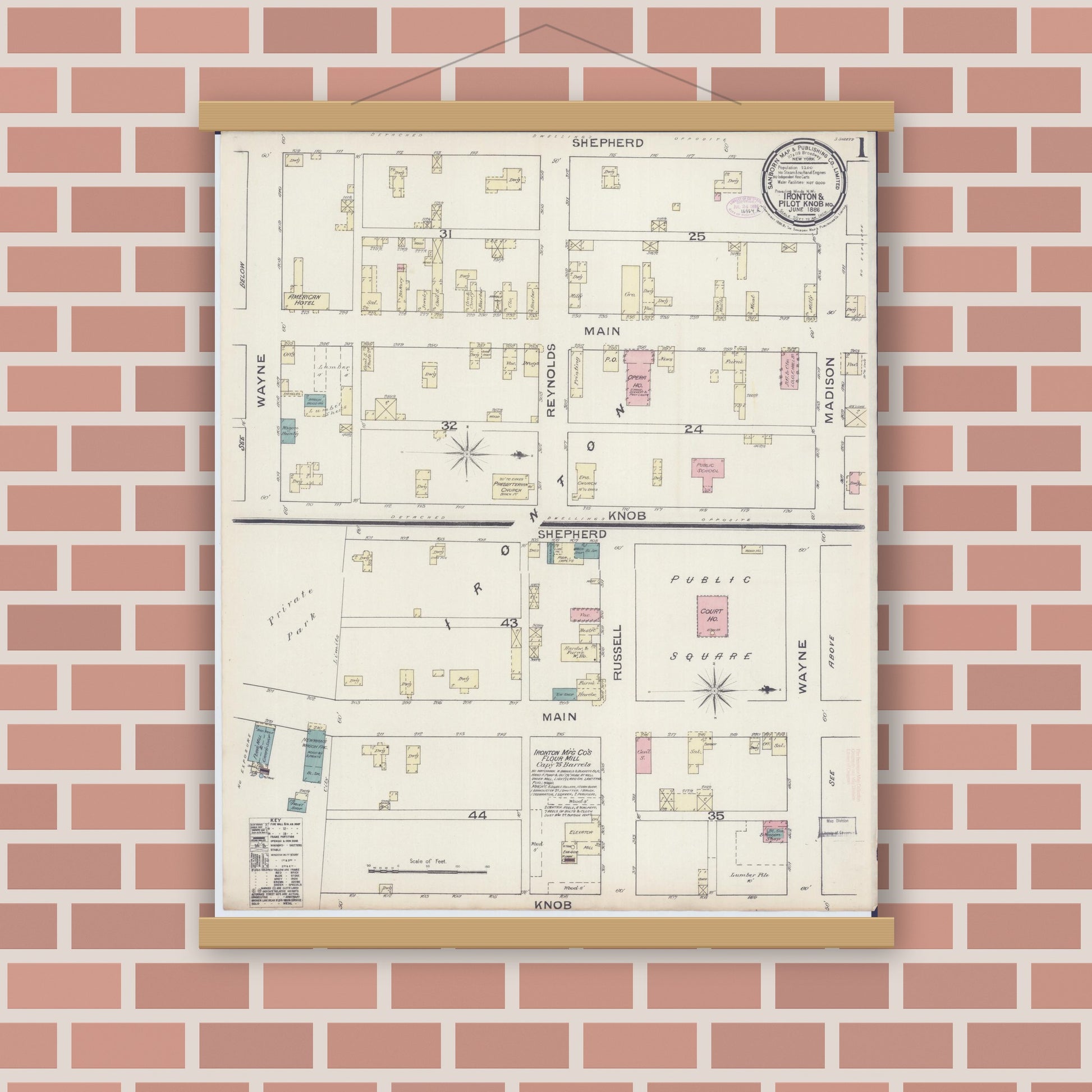 Old map wall art mockup — magnetic wood frame on brick wall — Sanborn Fire Insurance Map from Ironton, Iron County, Missouri (1886), Sheet #0001