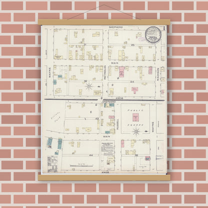 Old map wall art mockup — magnetic wood frame on brick wall — Sanborn Fire Insurance Map from Ironton, Iron County, Missouri (1886), Sheet #0001