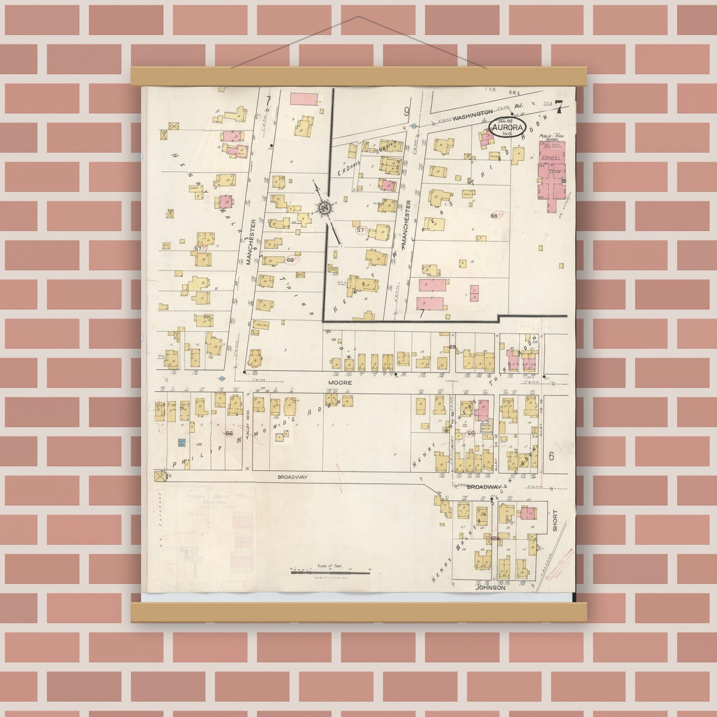 Old map wall art mockup — magnetic wood frame on brick wall — Sanborn Fire Insurance Map from Aurora, Dearborn County, Indiana (1935), Sheet #0007