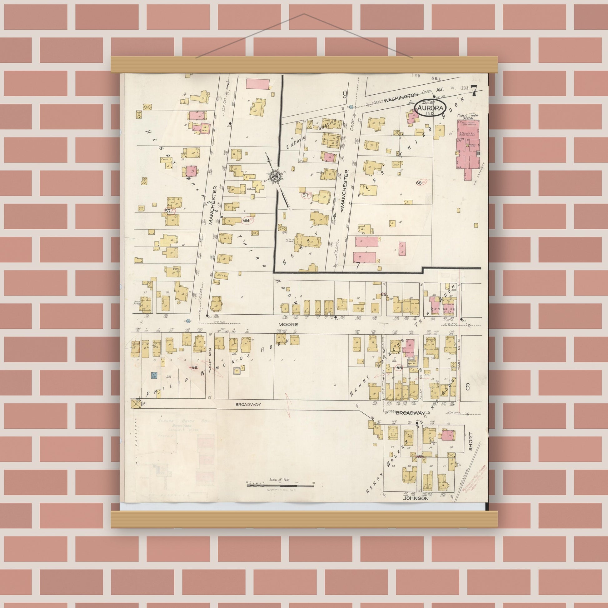 Old map wall art mockup — magnetic wood frame on brick wall — Sanborn Fire Insurance Map from Aurora, Dearborn County, Indiana (1935), Sheet #0007