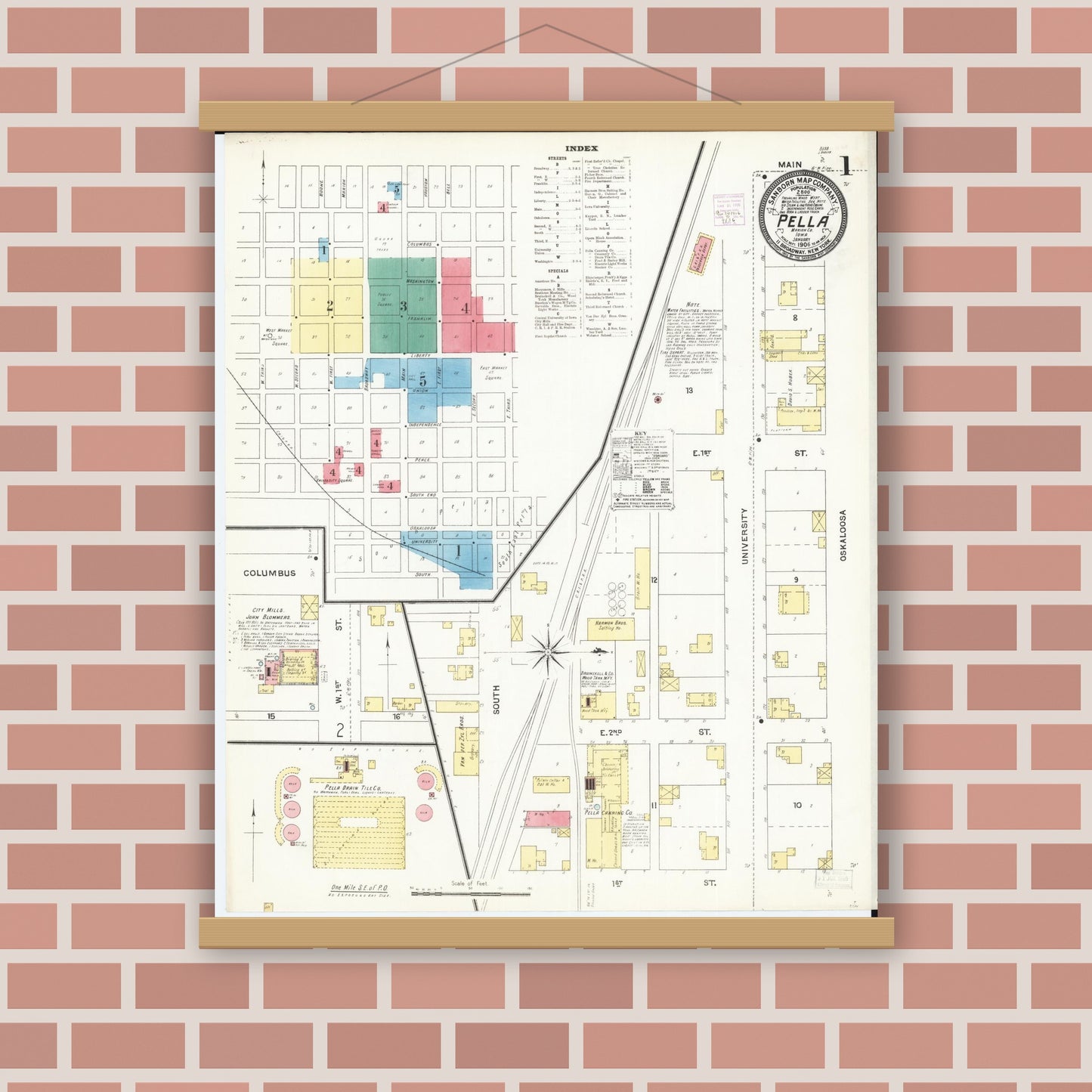 Old map wall art mockup — magnetic wood frame on brick wall — Sanborn Fire Insurance Map from Pella, Marion County, Iowa (1906), Sheet #0001
