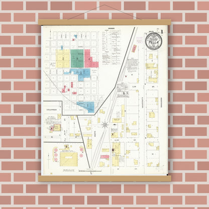 Old map wall art mockup — magnetic wood frame on brick wall — Sanborn Fire Insurance Map from Pella, Marion County, Iowa (1906), Sheet #0001