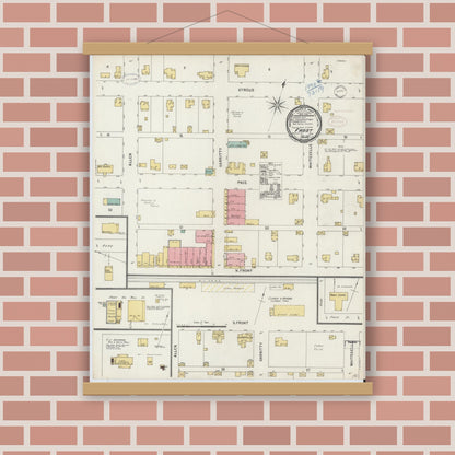 Old map wall art mockup — magnetic wood frame on brick wall — Sanborn Fire Insurance Map from Frost, Navarro County, Texas (1898), Sheet #0001