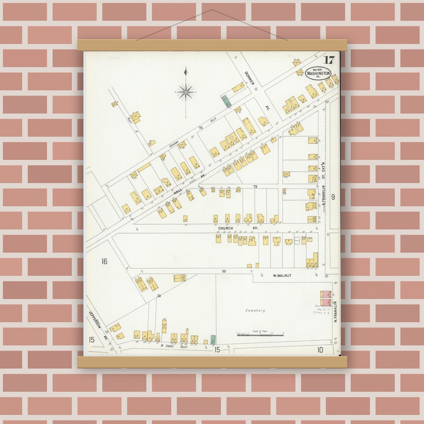 Old map wall art mockup — magnetic wood frame on brick wall — Sanborn Fire Insurance Map from Washington, Washington County, Pennsylvania (1900), Sheet #0017