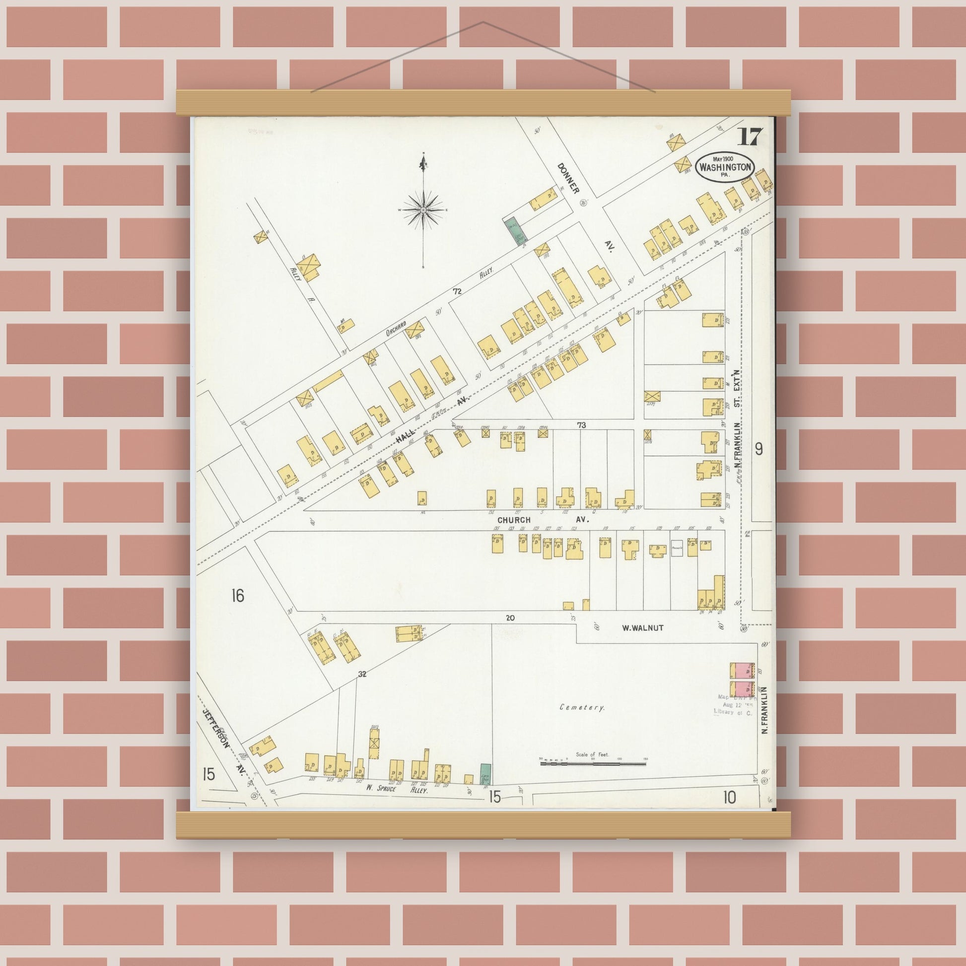 Old map wall art mockup — magnetic wood frame on brick wall — Sanborn Fire Insurance Map from Washington, Washington County, Pennsylvania (1900), Sheet #0017