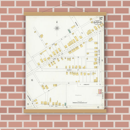 Old map wall art mockup — magnetic wood frame on brick wall — Sanborn Fire Insurance Map from Washington, Washington County, Pennsylvania (1900), Sheet #0017
