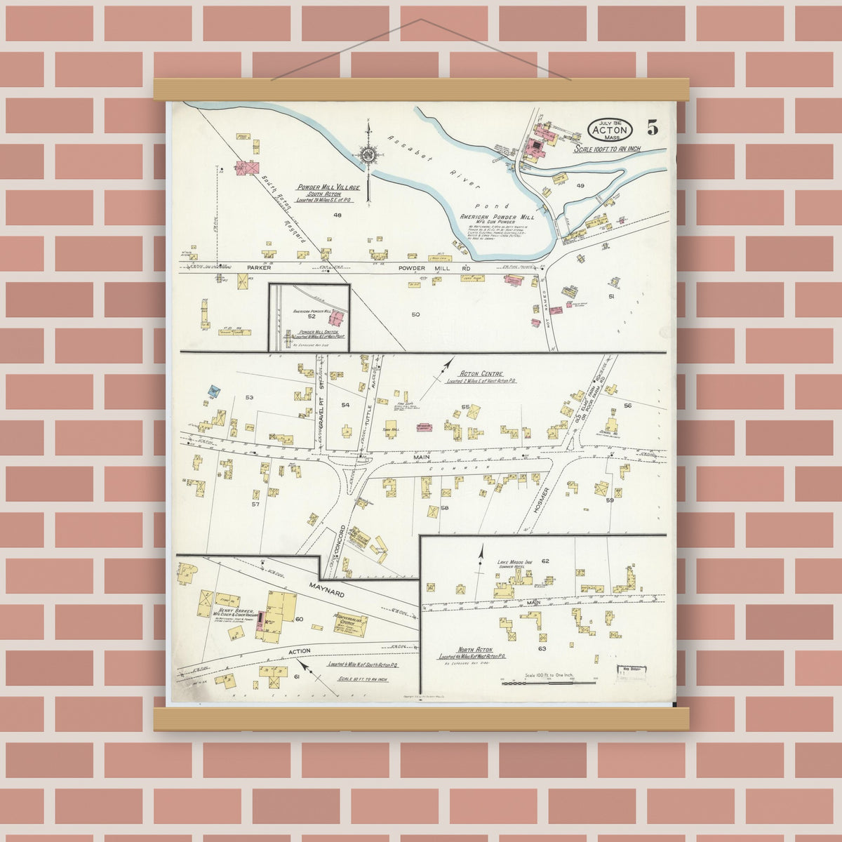Old map wall art mockup — magnetic wood frame on brick wall — Sanborn Fire Insurance Map from Acton, Middlesex County, Massachusetts (1916), Sheet #0005