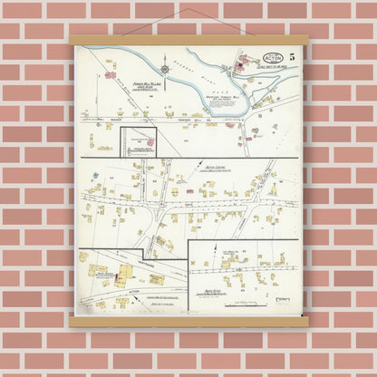 Old map wall art mockup — magnetic wood frame on brick wall — Sanborn Fire Insurance Map from Acton, Middlesex County, Massachusetts (1916), Sheet #0005