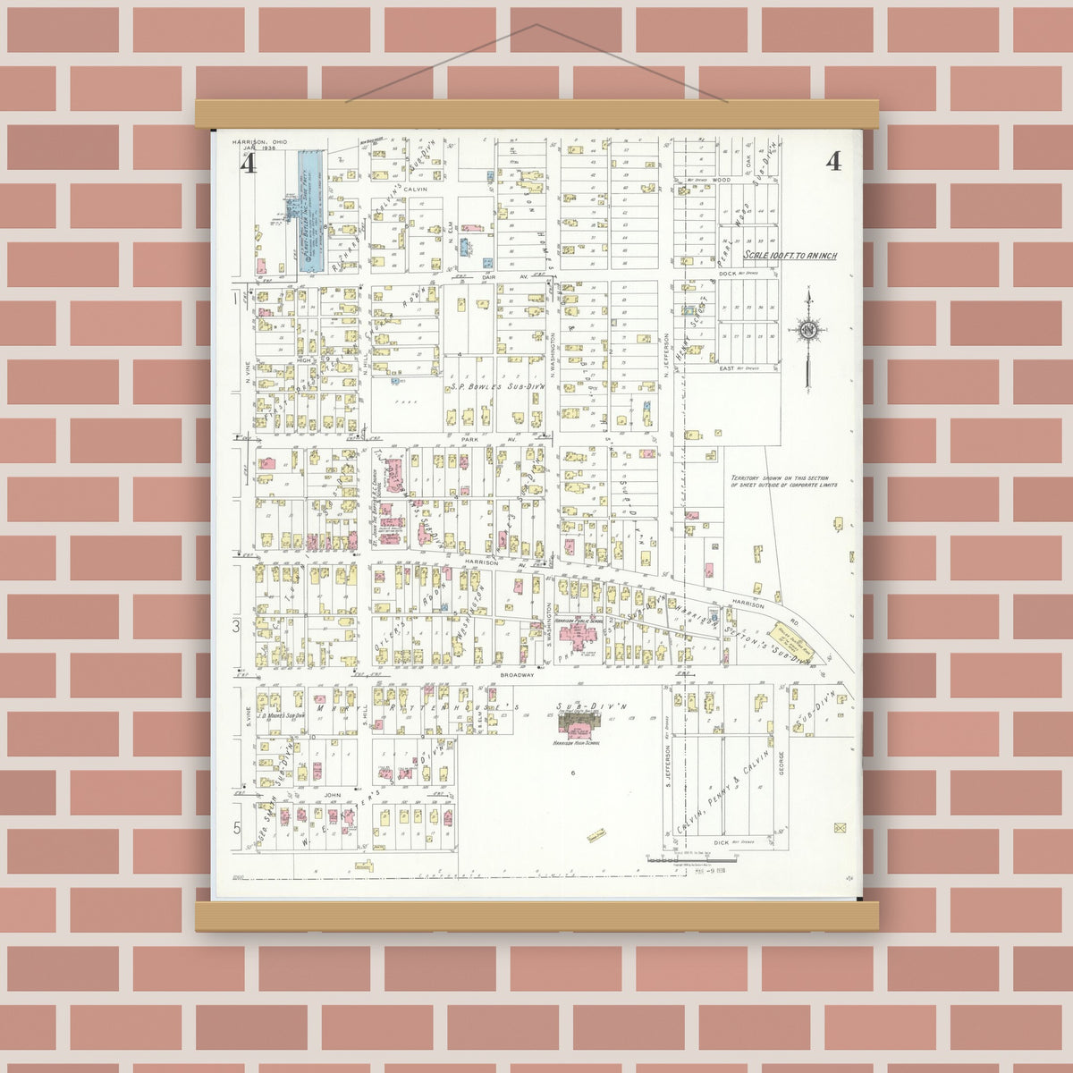 Old map wall art mockup — magnetic wood frame on brick wall — Sanborn Fire Insurance Map from Harrison, Hamilton County, Ohio (1938), Sheet #0004