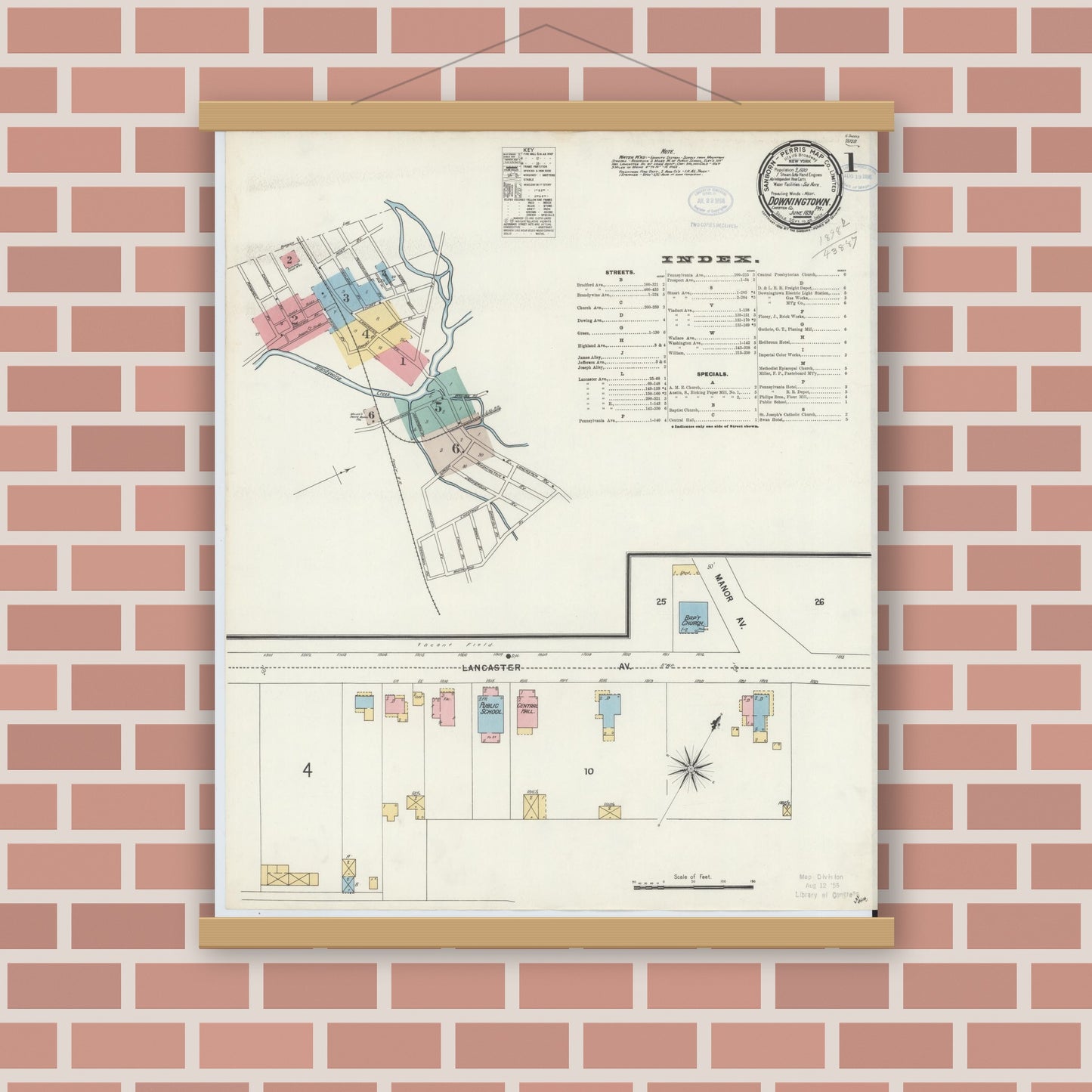 Old map wall art mockup — magnetic wood frame on brick wall — Sanborn Fire Insurance Map from Downingtown, Chester County, Pennsylvania (1898) - Complete Map Set